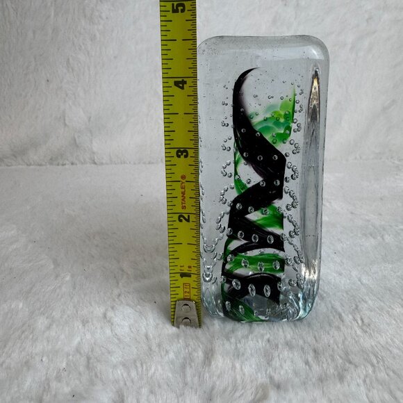 Art Glass Paperweight Sculpture With Black & Green Swirl with controlled bubbles - Picture 5 of 6